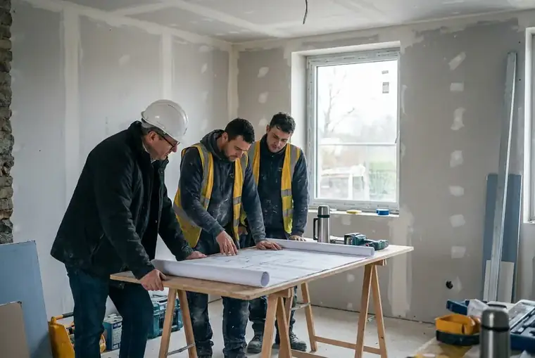 Conducteur de chantier et ouvriers dans une maison en rénovation, plans dépliés sur un tréteau